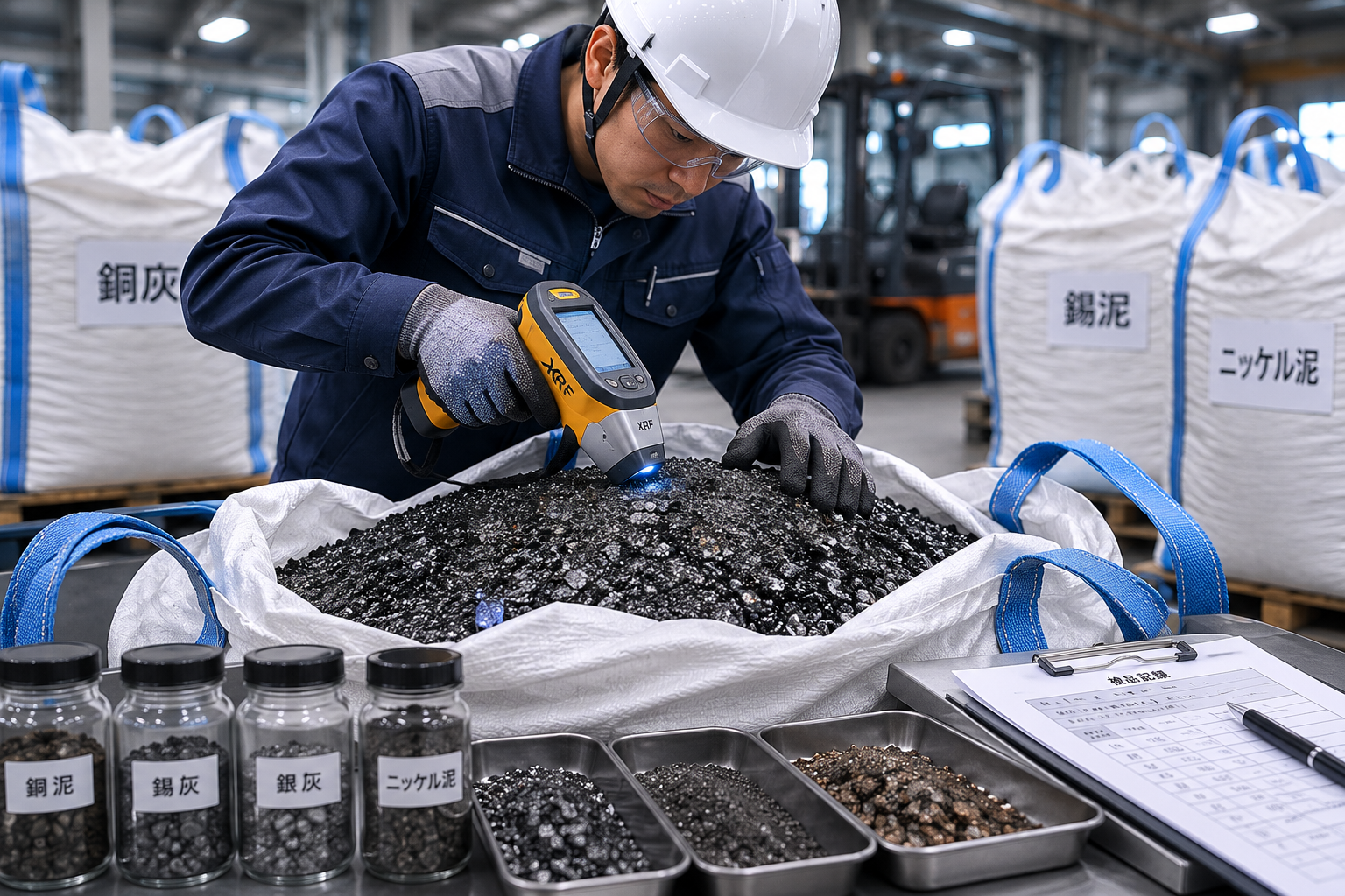 現場で非鉄金属原料を検査する作業