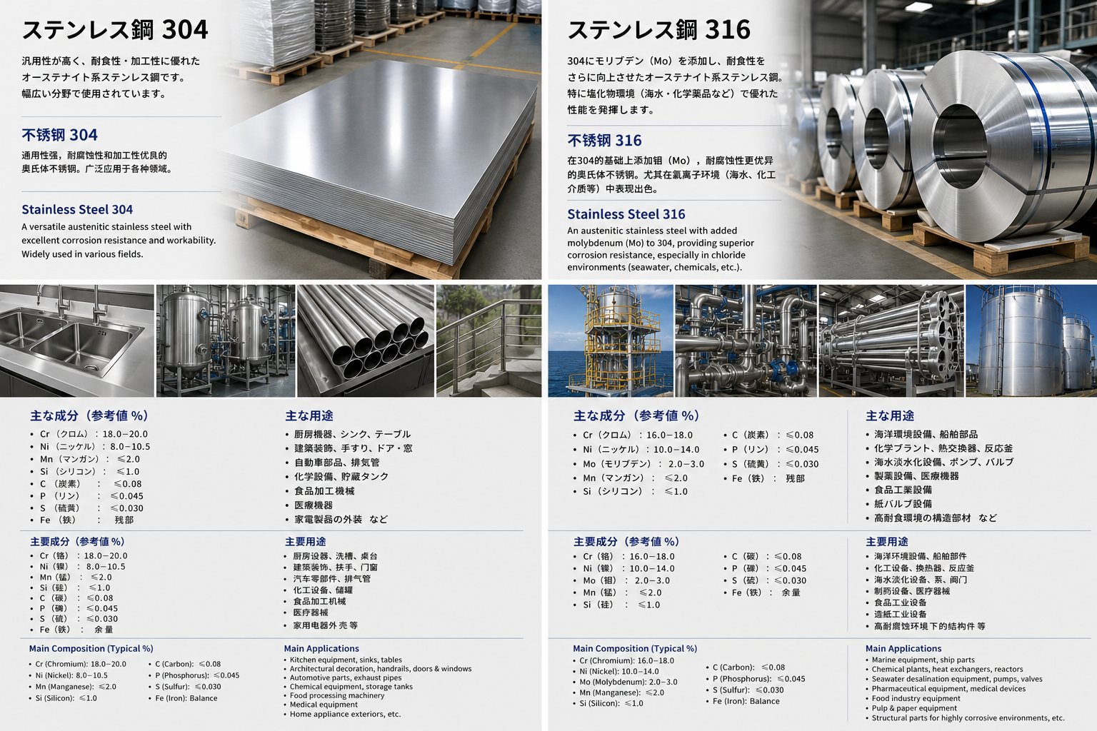 ステンレス鋼304・316 / 不锈钢304・316 / Stainless Steel 304 and 316 product datasheet